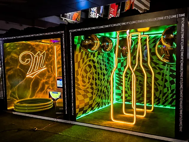 A black Miller bar with gold and green neon bottles and a wall of Miller Time lettering
