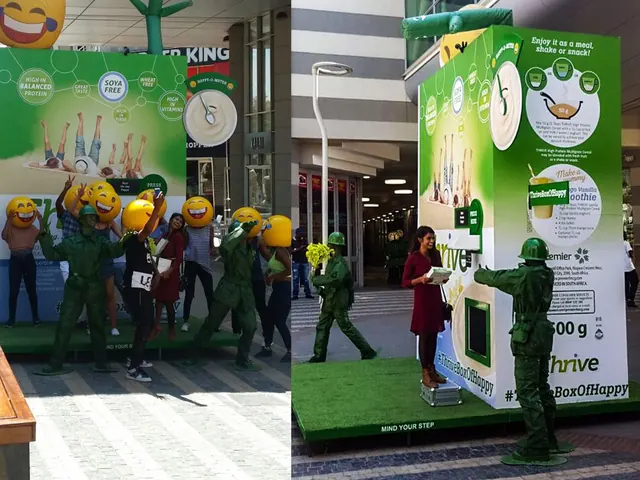 A Thrive cereal activation: a giant green cereal box with toy-soldier performers and emoji mascots